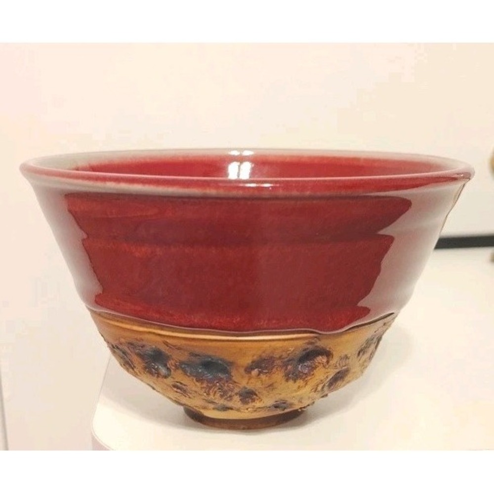 Signed Pottery Bowl Unique Rich Orange Red Bowl w Artistic Indentions At Base
